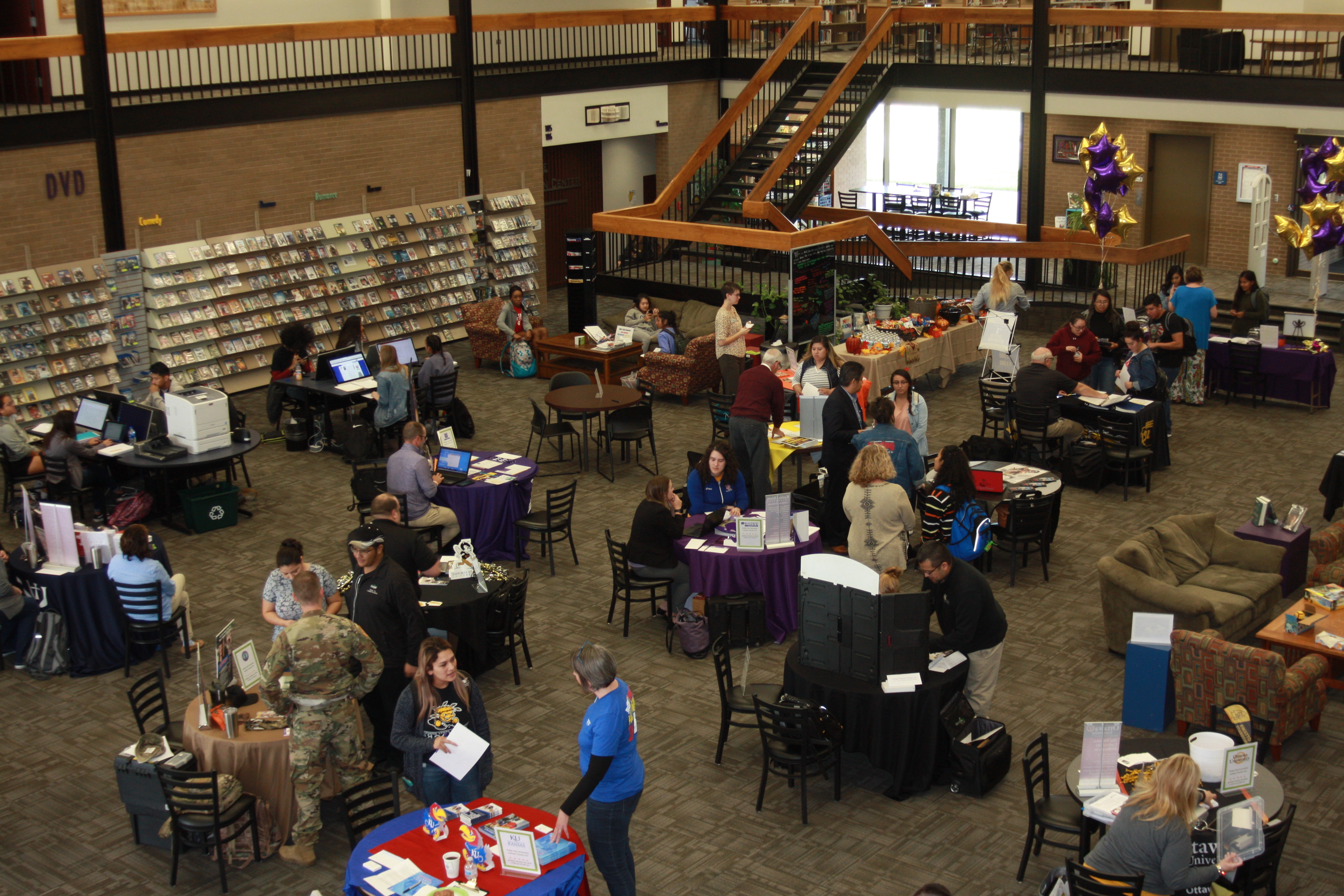 DC3 students gather in the DC3 Library to meet with some 19 colleges from various states during the first-ever transfer fair